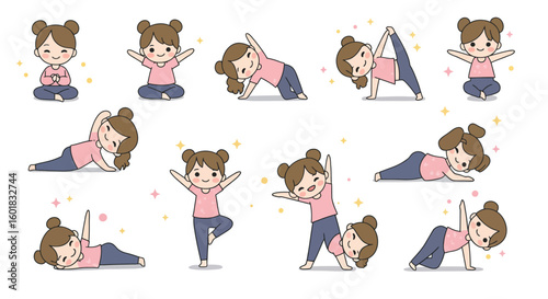 A collection of cute cartoon illustrations depicting a young girl performing various yoga poses and stretching exercises with a cheerful expression.