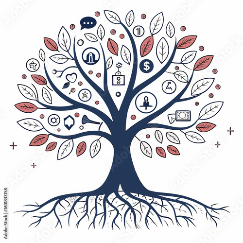 Digital tree of knowledge iconic data representation virtual environment infographic style