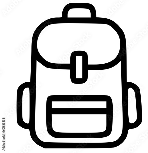A simple line drawing of a backpack with a flap closure and a small front pocket.