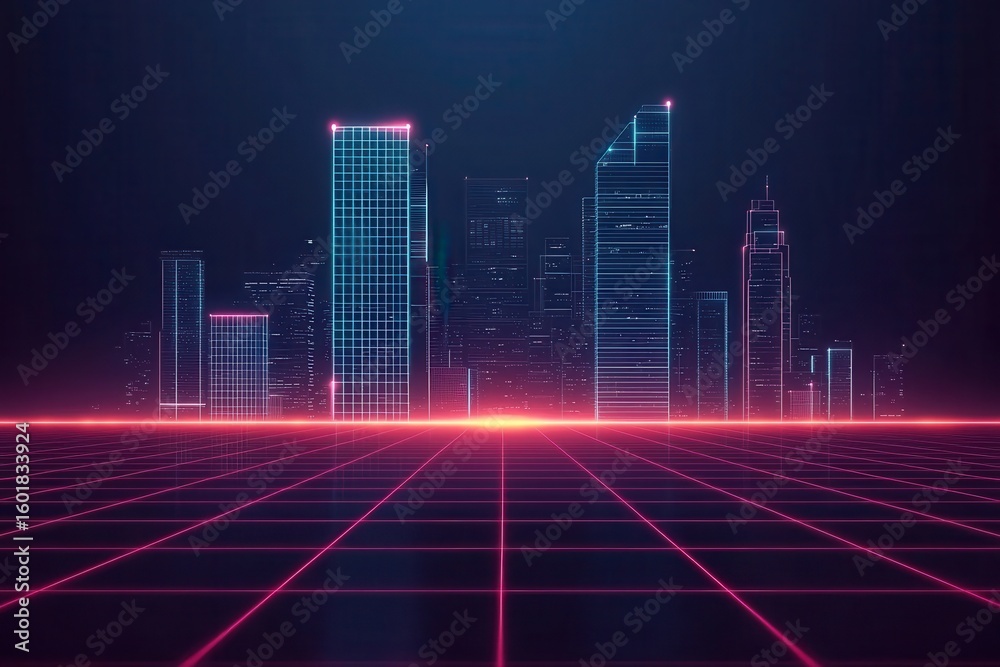 Naklejka premium Neon grid landscape with glowing skyscrapers under a dark sky Cityscape