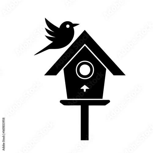 Silhouette a bird flying towards a birdhouse on a post vector