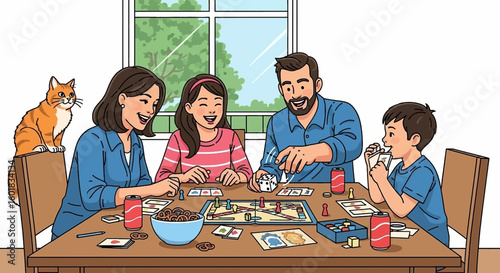 Happy family playing board games at home, enjoying quality time together in a vibrant setting