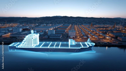 Digital twin technology visualizes cargo ship logistics port dusk and night with glowing blue hologram effects enhancing operational efficiency