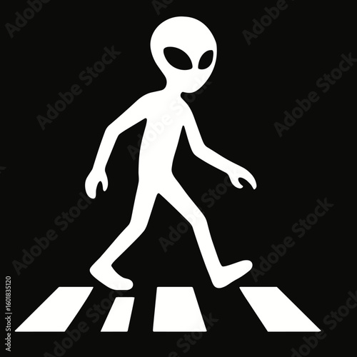 Alien character crossing a pedestrian walkway on a dark background during nighttime