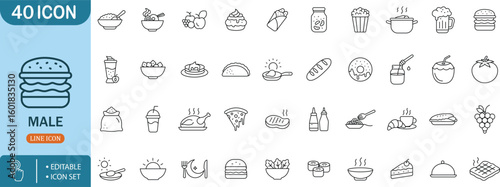 Food Line Icon Set,Burger, Meal, Snack, Breakfast, Drink, Fastfood, Cuisine