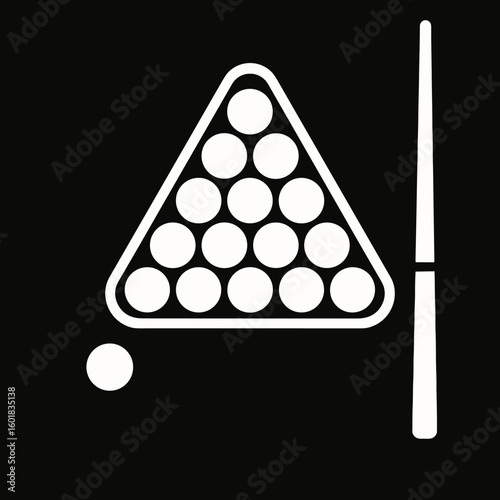 Creative representation of a billiard setup featuring a triangle of balls and a cue stick on a black background