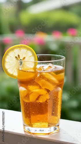 Refreshing iced tea with lemon slice in garden setting