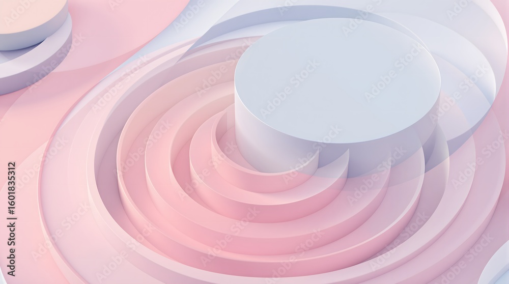 Obraz premium Abstract geometric background with circles and curved shapes in soft pastel pink and white tones for modern design and decoration