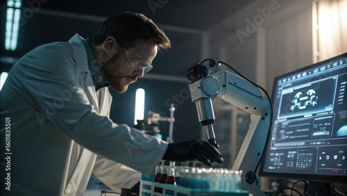 Close-up of male scientist operating robotic arm for chemical research in high-tech lab, with AI display and cinematic lighting.