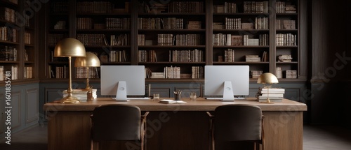 Elegant law firm workspace with dual monitors and legal documents in classic library setting
