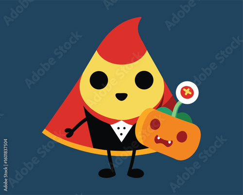Vector art of a whimsical pizza slice character dressed as a vampire holding a pumpkin