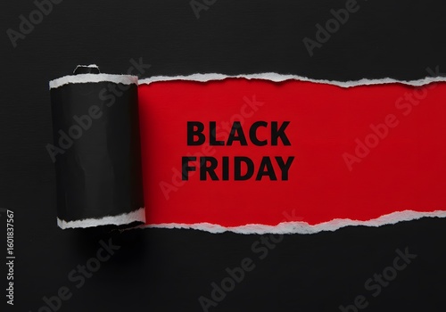 a black torn paper revealing the BLACK FRIDAY in bold black letters on a red background. Top view of Black torn paper and the text black Friday on a red background. Black Friday composition.