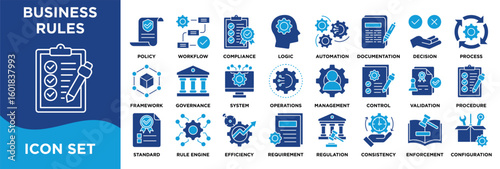 BUSINESS RULES icon collection set. Containing policy,workflow,compliance,logic,automation,regulation,decision,process,framework,governance icon. dual tone vector.