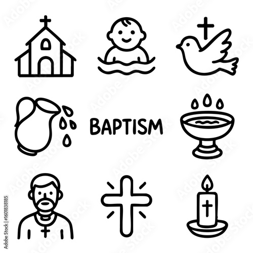 A set of doodle line icons representing baptism rituals, churches, holy water, priest, dove, cross, baby baptism, and spiritual symbolism
