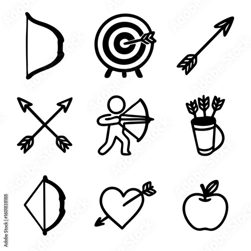 A set of doodle line icons illustrating archery equipment, arrows, bow, target practice, aiming, competition, and classic apple shot imagery