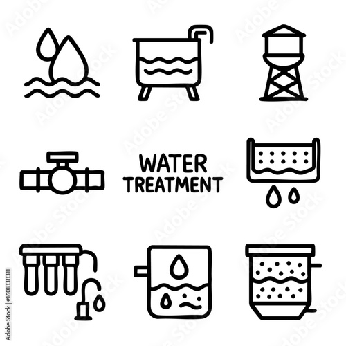 A set of doodle line icons depicting water treatment processes, purification systems, filtration tanks, clean water supply, and storage infrastructure
