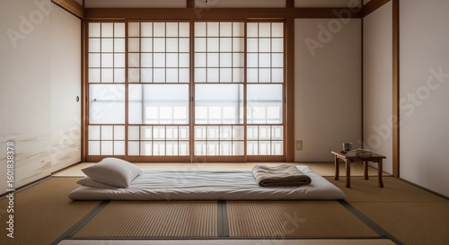 Traditional Japanese Room with Futon, Tatami, and Shoji Screens