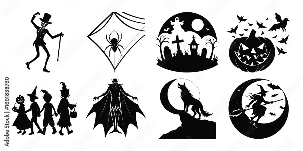 Naklejka premium Halloween Silhouette Vector Bundle – Vampire, Witch, Ghost, Pumpkin, Kids Trick-or-Treating & More