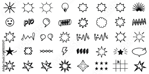 Collection of hand drawn comic book style speech bubbles and sound effects isolated on white background