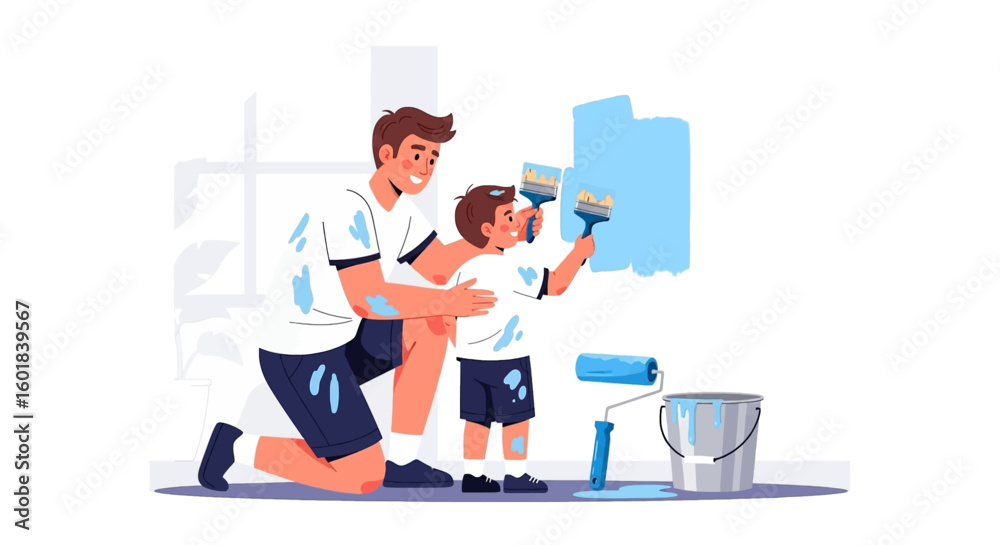Father and son painting a wall together, creating happy family moments and home improvement Father and son painting a wall together, creating happy family moments and home improvement