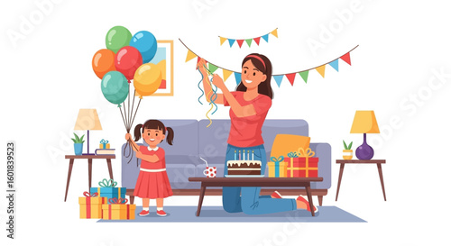 Mother and daughter preparing for a birthday party with balloons, cake, and gifts at home