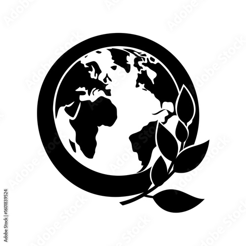 Silhouette planet earth with leaves circular border globe world