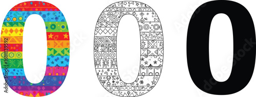 Zero number illustration with colorful pattern and black and white outline for educational resources design