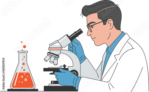 Scientist in lab coat examines sample under microscope next to bubbling flask