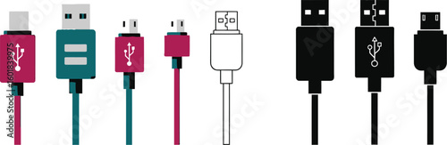 Usb cable types vector illustration set, usb a, usb b, usb c, micro usb, mini usb, cable connector types