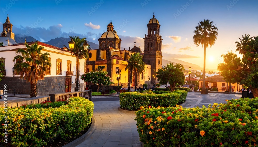 Fototapeta premium Colorful sunset over a charming city square