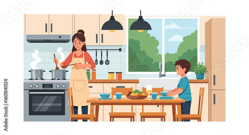 Family cooking and preparing a meal together in a warm, inviting and modern kitchen scene