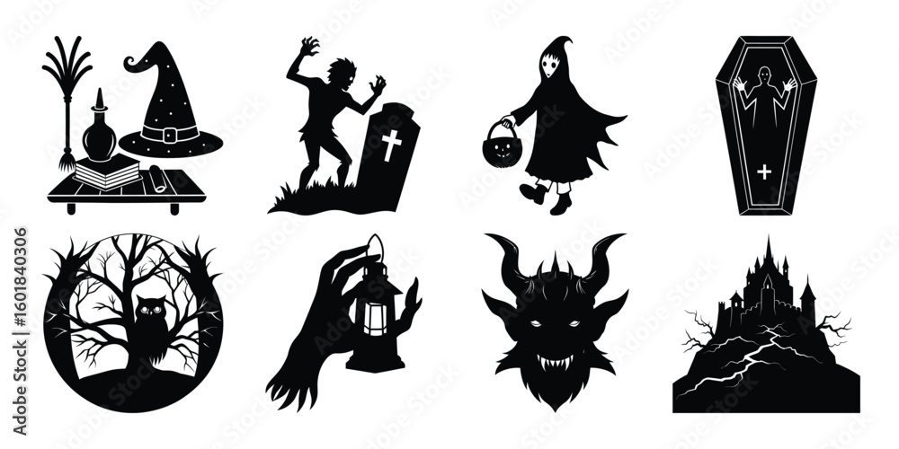 Naklejka premium Halloween Silhouette Vector Set – Zombie, Witch Hat, Haunted Castle, Demon Face, Owl & More
