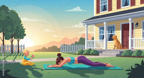 Family enjoying yoga and playtime in their backyard during a beautiful sunset, peaceful scene