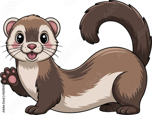 An adorable ferret waving hello with a friendly expression, Transparent png vector