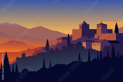 silhouette of castle in the sunset