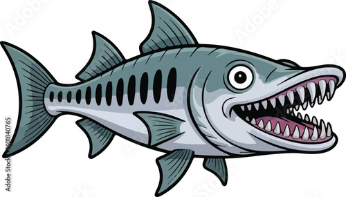 An illustration of a ferocious Barracuda with a mouth full of sharp teeth and a dangerous stare. Transparent png vector