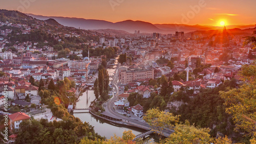 Sunset view of Sarajevo from most popular panoramic spot in Sarajevo timelapse.