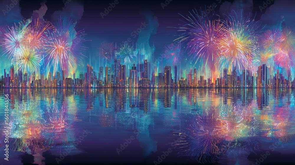 Obraz premium City skyline at night with vibrant fireworks reflection