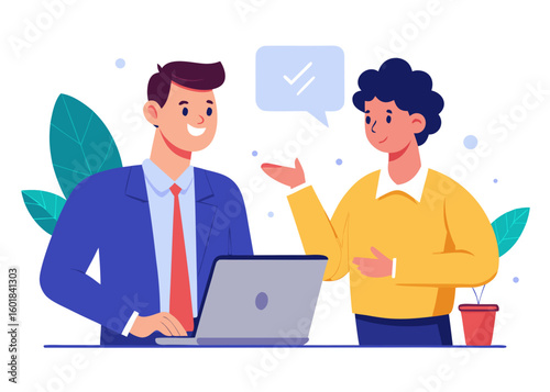 Two office professionals in a business discussion, collaborating on a project with a laptop
