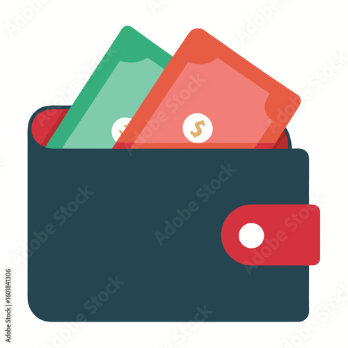 A dark bifold wallet with two colorful banknotes peeking out. Flat vector illustration.