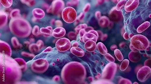 Microscopic view of red blood cells flowing through blood vessels, highlighting cellular structures in vibrant pink and purple hues.
