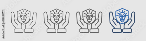 
intellectual property line icon with hand, shield and light bulb