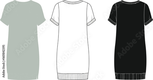Technical fashion sketch v neck knit dress short sleeve mini dress front and back views black white dress
