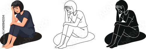 Illustration of sad woman sitting alone feeling depressed and anxious mental health awareness concept art