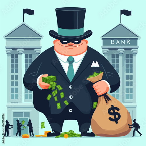 A metaphorical illustration of a greedy banker in a top hat scattering money, symbolizing financial corruption and the banking system.