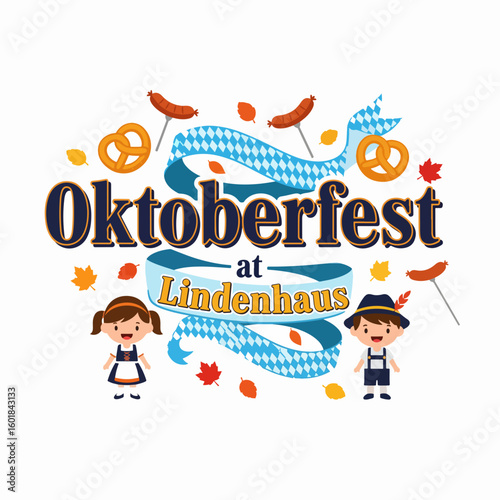 Charming illustration of a traditional German autumn festival with children in folk costumes, pretzels, and sausages