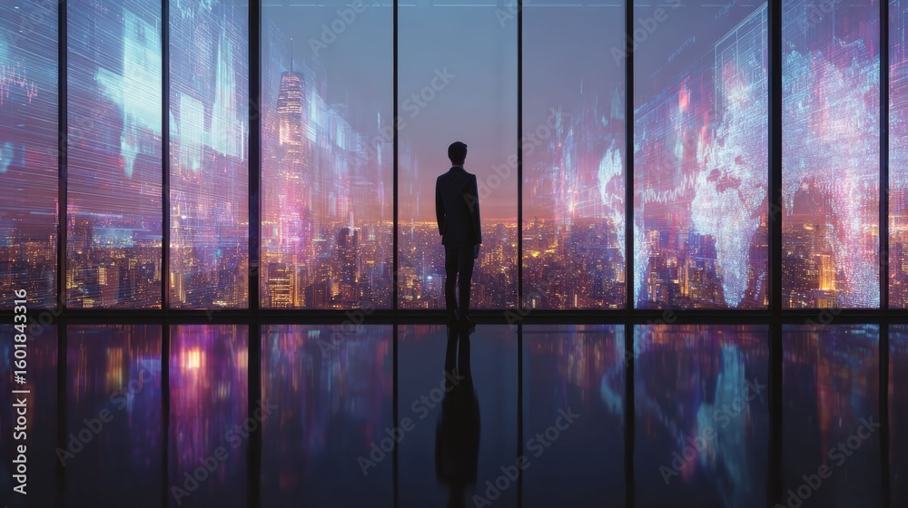 Fototapeta premium a silhouette of a person is standing in front of large windows. The person is looking out at a vibrant cityscape at dusk. Reflection of the city's lights on the floor