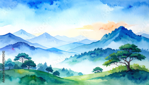 Serene mountain landscape. Tranquil watercolor mountains, trees, and soft mist. Scenic view of lush mountains and peaceful atmosphere. Beautiful watercolor painting of mountains and forests
