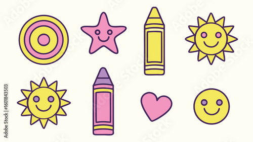 Kid style crayon vector illustrations set with randomly placed fun doodles including nature symbols ideal for child friendly printables