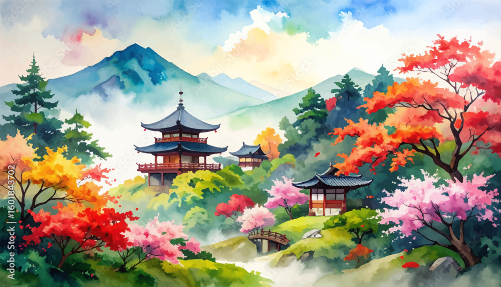 Fototapeta premium Beautiful Japanese garden with autumn foliage. Vibrant park with spring flowers and a bridge. Tranquil landscape with a Japanese pagoda by a river. Peaceful garden with colorful trees and scenic view